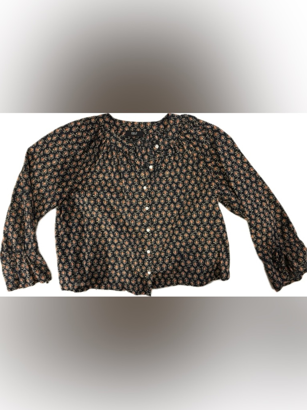 Able Black Button-Front Floral Print Blouse with Orange Accents